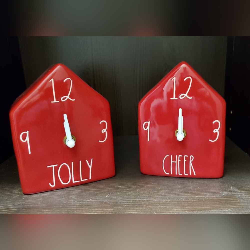 Rae Dunn Red Ceramic JOLLY Cheer House Shaped Clock
